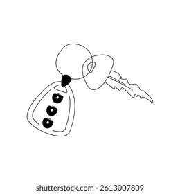 Hand drawn doodle car key with a keychain alarm. Car key remote control. Car Accessories. Isolated on white background