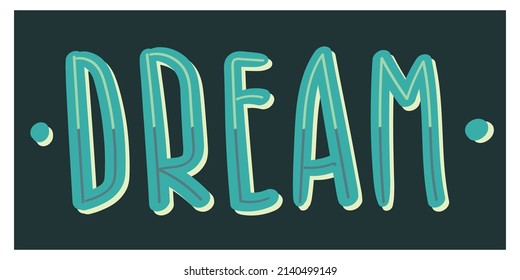 Tarjeta doodle dibujada a mano con texto azul Sueño sobre el fondo azul oscuro para web, tarjeta, cubierta, afiche y diseño 