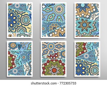 Hand drawn doodle Card collection, patchwork quilt patterns set. Decorative abstract asymmetric backgrounds, stylized floral mandala ornament elements