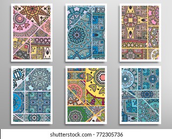 Hand drawn doodle Card collection, patchwork quilt patterns set. Decorative abstract asymmetric backgrounds, stylized floral mandala ornament elements