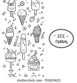 Hand drawn doodle card with different ice cream types border: ice cream waffle cone, cup, popsicle, sweet sundae. Funny sketch style vector illustration for banner, card, birthday card.   