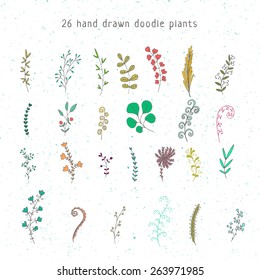 Hand drawn doodle card making kit. 26 hand drawn botanical plants and flowers doodles.