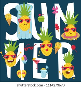 Hand drawn doodle card with hand drawn doodle pineapples. Summer set with summer doodles and pineapples.
