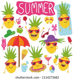 Hand drawn doodle card with hand drawn doodle pineapples. Summer set with summer doodles and pineapples.