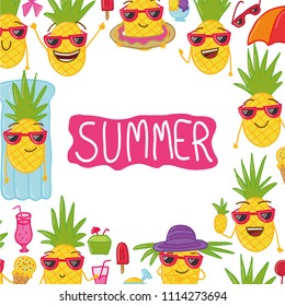 Hand drawn doodle card with hand drawn doodle pineapples. Summer set with summer doodles and pineapples.