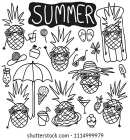 Hand drawn doodle card with hand drawn doodle pineapples. Summer set with summer doodles and pineapples.