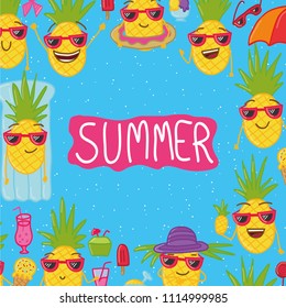 Hand drawn doodle card with hand drawn doodle pineapples. Summer set with summer doodles and pineapples.