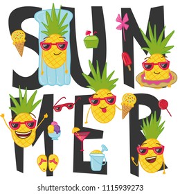 Hand drawn doodle card with hand drawn doodle pineapples. Summer set with summer doodles and pineapples.