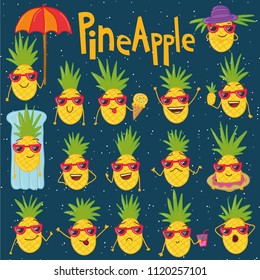 Hand drawn doodle card with hand drawn doodle pineapples. Summer set with summer doodles and pineapples.