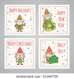 Hand drawn doodle card with Santa's helpers. Christmas elves illustration. Vector xmas background.