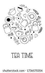 Hand drawn doodle card with tea time elements - cups, teapots, cookies, leaves and berries. Doodle illustration for cards, posters, postcards and other design. 