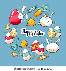 Hand drawn doodle card template with cute Easter elements. Vector illustration. Happy Easter lettering. Doodle elements and Easter objects: rabbit, bunny, easter eggs, chicken, sweets. 