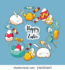 Hand drawn doodle card template with cute Easter elements. Happy Easter lettering. Doodle elements and Easter objects: rabbit, bunny, easter eggs, chicken, sweets, basket with eggs. 