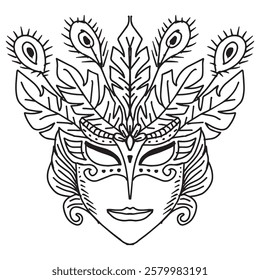 Hand drawn doodle carnival mask with feathers. Vector illustration. Mardi Gras party.