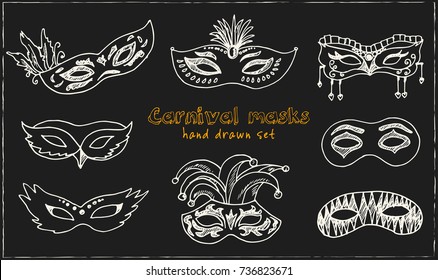 Hand drawn doodle carnival masks set. Vector illustration. Isolated elements on chalkboard background. Symbol collection. 