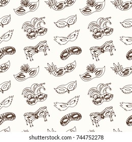 Hand drawn doodle carnival masks seamless pattern Vector illustration. Symbol collection.