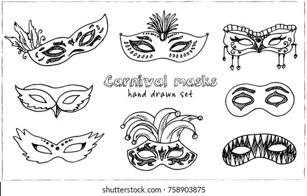 Hand drawn doodle carnival masks set. Vector illustration. Isolated elements on white background. Symbol collection.