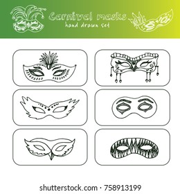 Hand drawn doodle carnival masks set. Vector illustration. Isolated elements on white background. Symbol collection.