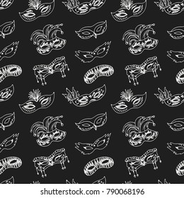 Hand drawn doodle carnival masks seamless pattern Vector illustration. Symbol collection.