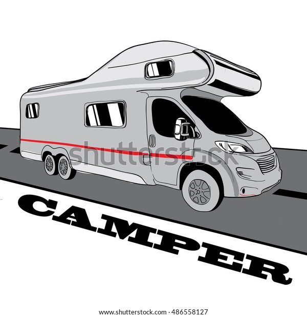 Hand drawn Doodle cars Recreational\
Vehicles Camper Vans Caravans Icons. Vector illustration.\
Silhouette graphic for design. Motorhome bus on white\
background