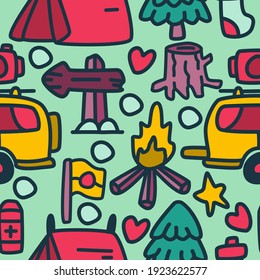 hand drawn doodle cartoon camper seamless pattern design