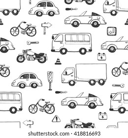 Hand drawn doodle cartoon cars seamless pattern. Wallpaper for baby boy.  Transport sketch.