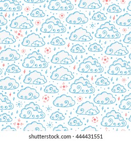 Hand Drawn Doodle Cartoon Clouds Vector Seamless pattern. Rainy Sky with Stars endless background.