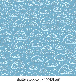 Hand Drawn Doodle Cartoon Clouds Vector Seamless pattern. Rainy Sky with Stars endless background.
