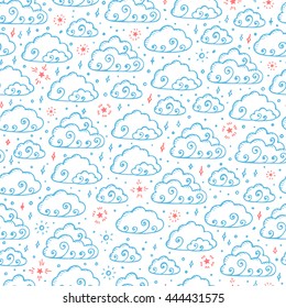 Hand Drawn Doodle Cartoon Clouds Vector Seamless pattern. Rainy Sky with Stars endless background.