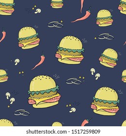 Hand drawn doodle cartoon endless pattern of fast food objects and symbols. Vector illustration.