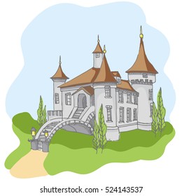 Hand drawn doodle cartoon fairy tale castle building icon. Vector illustration. Cartoon style cute castle for princess. Sketch, fairytale, game icon, magic kingdom. Blue sky and green tree, road.