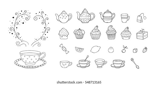 Hand drawn doodle cartoon illustration set with tea objects and symbols. Tea, teapot, cups, sweets and pastry in sketch style. Elements for design