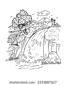 Hand drawn doodle cartoon line art nature landscape. Mountains waterfall nature background illustration.