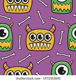 hand drawn doodle cartoon monster seamless pattern design