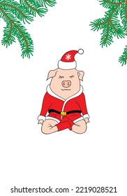 Hand drawn doodle cartoon pig sitting in lotus pose dressed in santa claus costume. Happy vegan Christmas New Year greeting card banner template