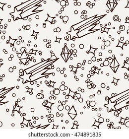 Hand drawn doodle cartoon seamless pattern with comets and crystals. Star ornament.