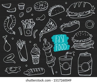 Hand drawn doodle cartoon set of fast food objects and symbols. Vector illustration on blackboard.