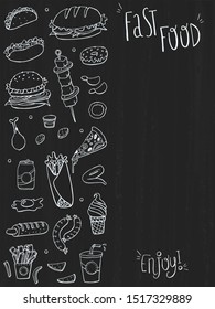 Hand drawn doodle cartoon set of fast food objects and symbols. Vector illustration on blackboard.