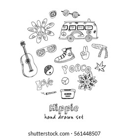 hand drawn Doodle cartoon set of hippie objects and symbols Vector illustration