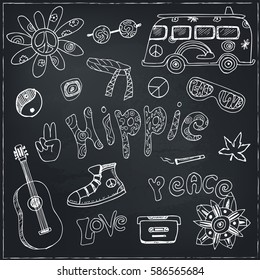 Hand drawn Doodle cartoon set of hippie objects and symbols Vector illustration