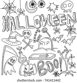 Hand drawn doodle cartoon set of objects and symbols on the Halloween theme.