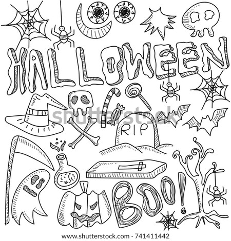 Hand drawn doodle cartoon set of objects and symbols on the Halloween theme.