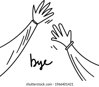 Hand drawn doodle cartoon style icon with shaking hands farewell to something. Line art sketch. Squiggle art drawing