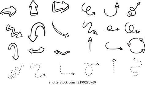 hand drawn doodle and cartoon type dashed, dotted or broken style and straight arrows vector icon illustration set - all