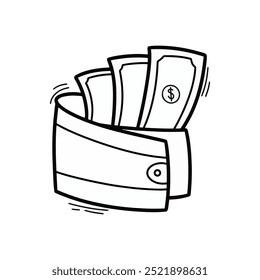 Hand Drawn Doodle Cash and Wallet Illustration. Cute Black Outline Money Sticker Clip Art Icon on White Background Vector EPS 10