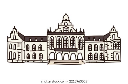 Hand drawn doodle castle or government building. Administration building, courthouse or bank . Old european town. Colored childish illustration isolated on white backgroung