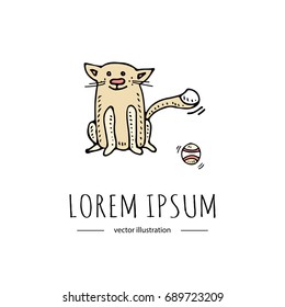 Hand drawn doodle Cat with ball icon. Vector illustration. Sketchy drawing Cute cat playing with ball icon Pets stuff and supply logo Vet symbol Cartoon cats care, tail, paw, ball, Goods for pet shop