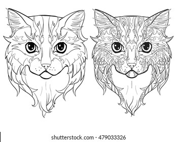 Hand drawn doodle cat face. Decorative muzzle, animal head. Illustration for adult antistress coloring page or tattoo art.