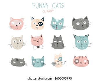 Hand Drawn Doodle Cat Heads Clipart