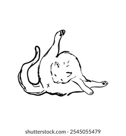 Rabiscar desenhado à mão de um gato lambendo-se. Mão vetor fez desenho isolado no fundo branco.